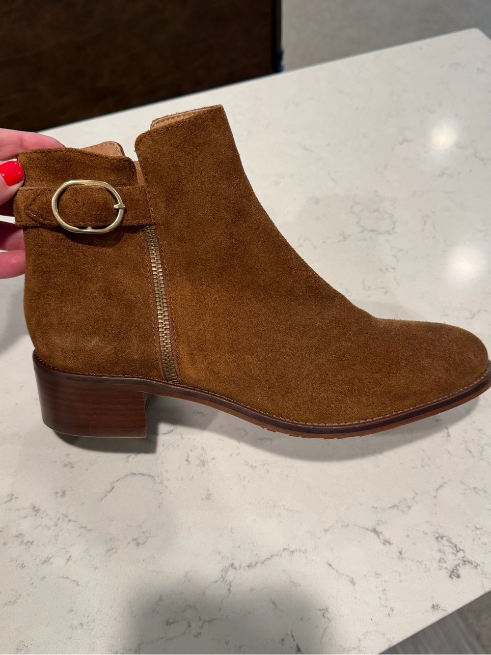 Aquatalia Suede Ankle Boot in Chestnut Brown with Gold Buckle